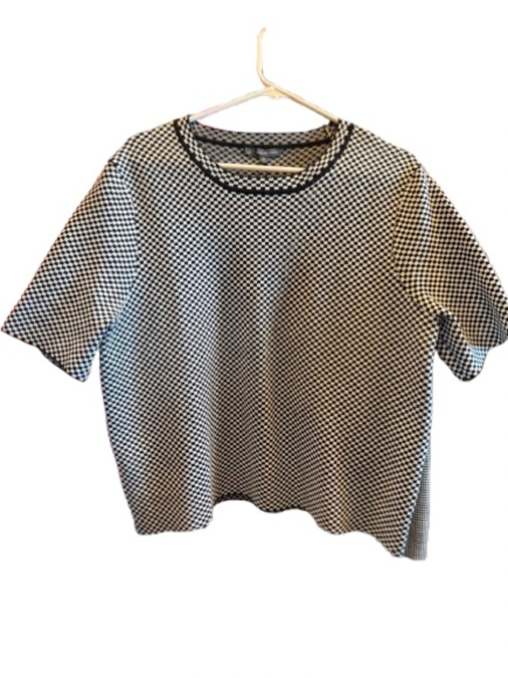 Adrianna Papell Black and White Short Sleeve Check Knit Top